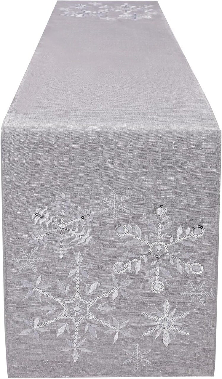Christmas Table Runner 90 Inch Extra Long, Silver Grey Snowflake Xmas Holiday Tabletop Decor, Embroidery Table Centerpieces with Sequins and Diamonds, Glittering Winter Home Decorations